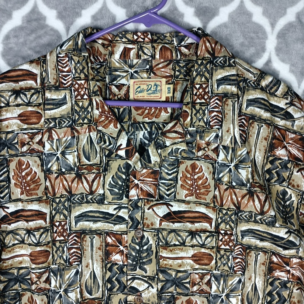 Eddie D Hawaiian Shirt Men Size 3XB Brown Tiki Canoe Leaf Print VTG